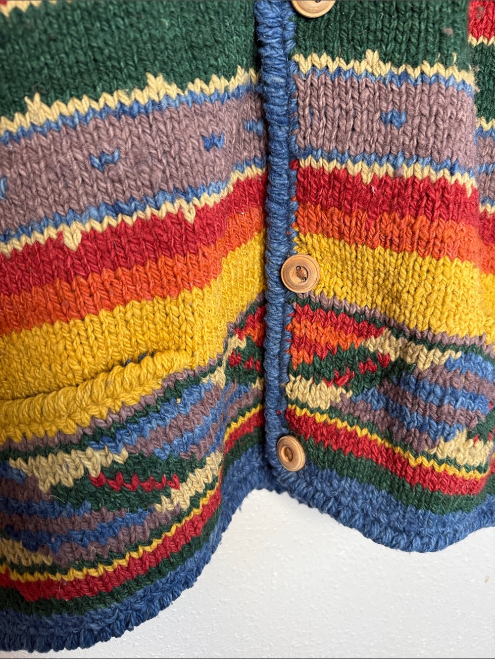 Vintage Rare Amano Hand Knit 100% Wool Rainbow Cardigan Sweater One Size - Picture 4 of 5